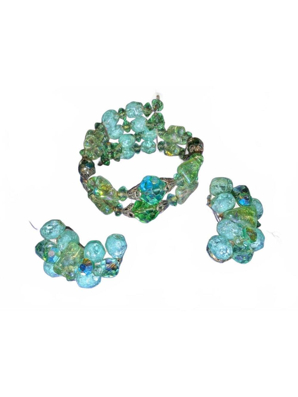 Vintage Green and Blue Glass Bead Bracelet and Clip-On Earrings Set